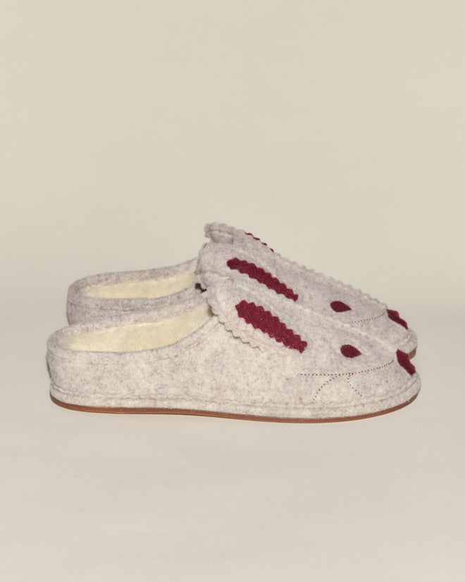 Rabbit Slipper in gray felt with maroon polka dot accents, shown on a plain light background.