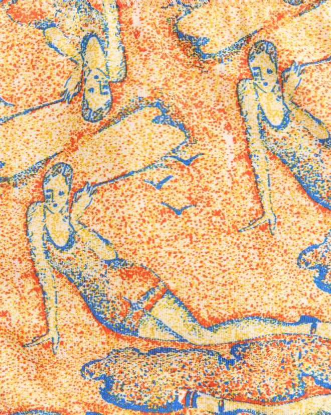 The Sandbank Briefs feature vintage-style artwork of women in swimsuits and classic briefs relaxing on a beach, crafted with a pointillist print technique.