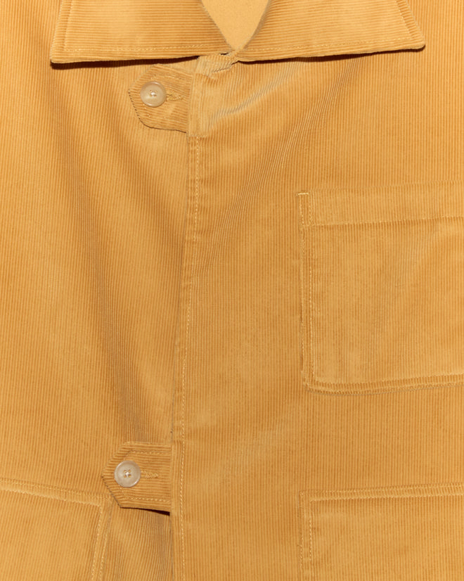 Close-up of the Custom Senior Cord Front Tab Jacket in tan corduroy, featuring detailed buttons and a front pocket, inspired by classic Senior Cord jackets.