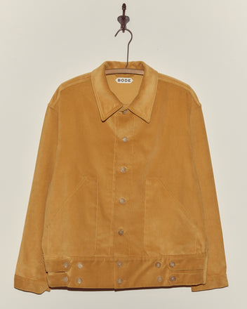 Tan Custom Senior Cord Side Tab Jacket with button front, large pockets, and 