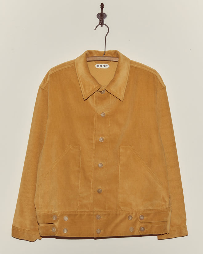 Tan Custom Senior Cord Side Tab Jacket with button front, large pockets, and 