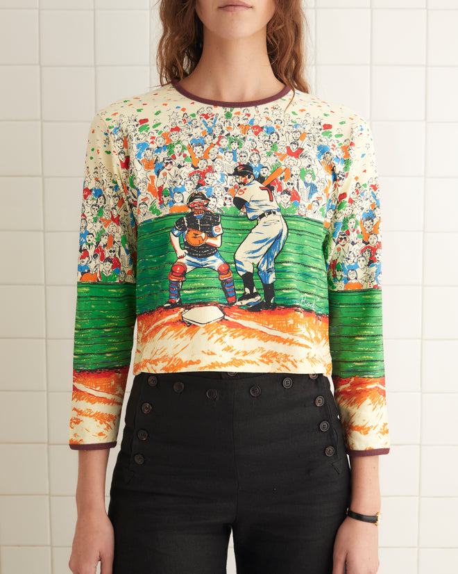 Multicolored cotton short sleeve shirt with studded rhinestones placed all over and printed illustration of a baseball game.