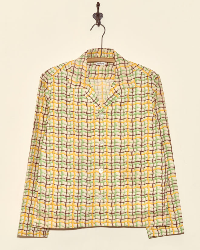 The Sorghum Patch Long Sleeve Shirt - XS features a colorful wavy grid pattern and deadstock fabric, making it truly one-of-a-kind.