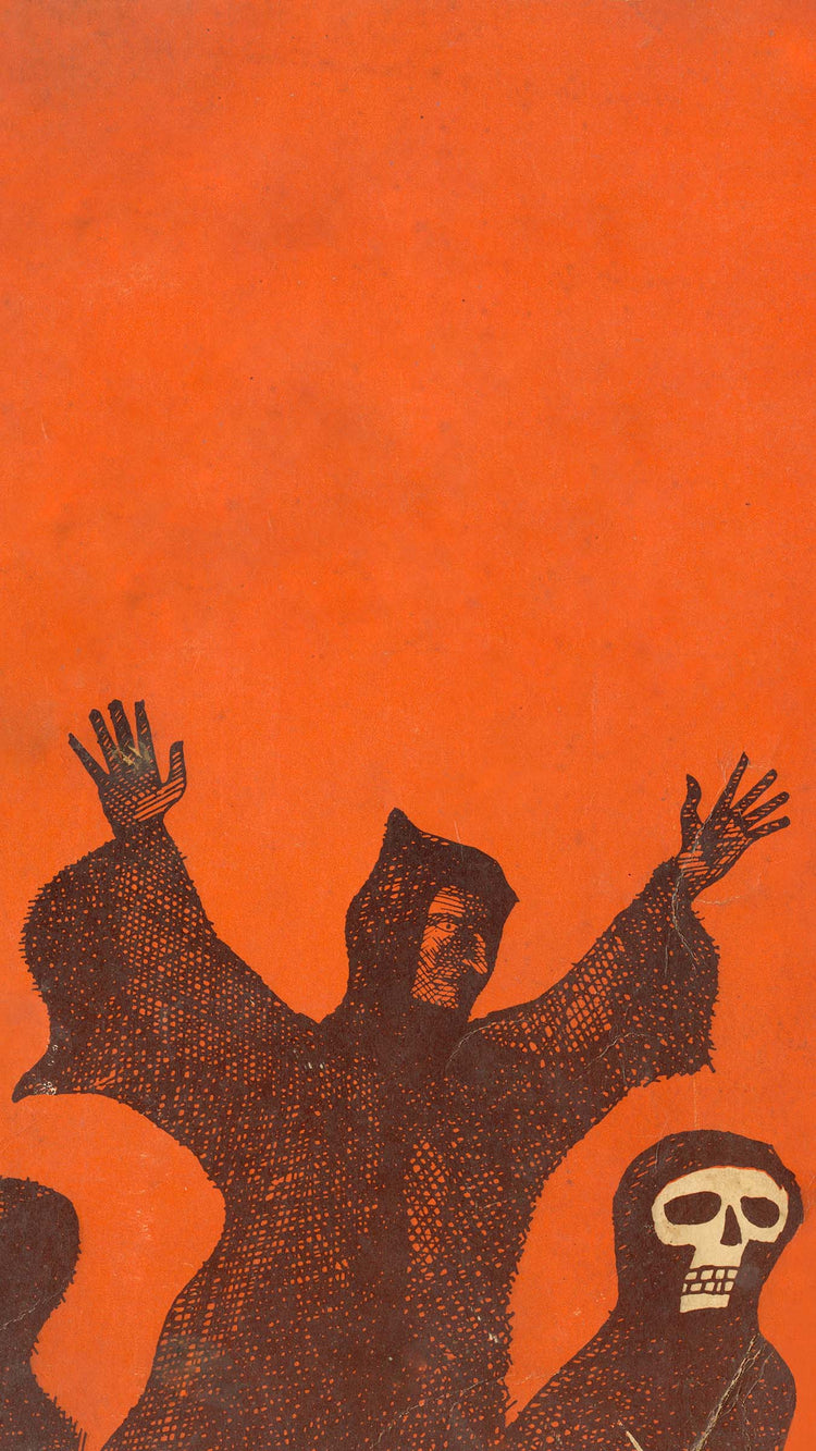 Illustration of ghouls and goblins causing mischief against an orange sky.