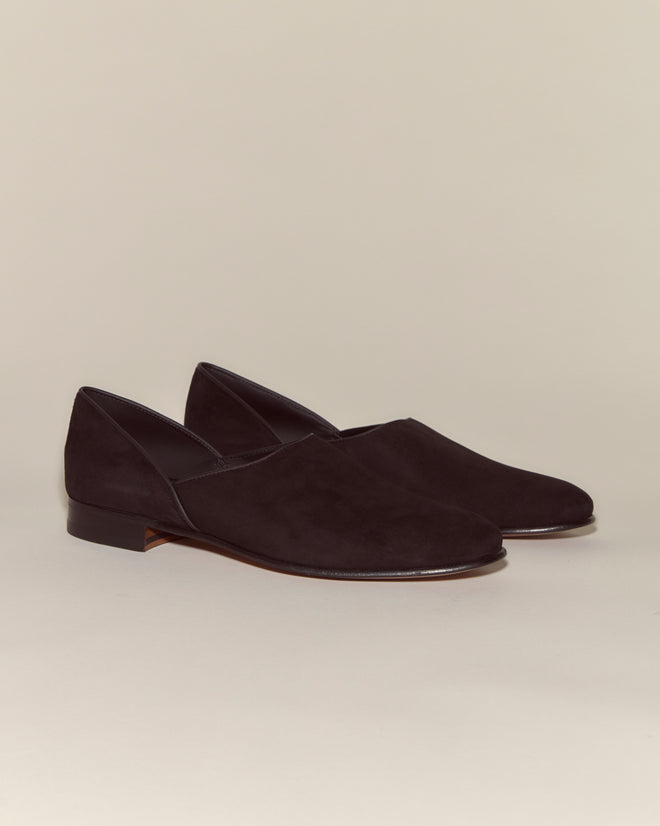 Suede House Shoes - Black: Italian suede slip-on shoes with low heels and a leather sole, shown against a neutral background.