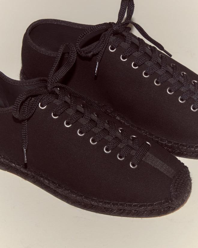 Tennis Espadrilles - Black: vintage-inspired black cloth sneakers featuring classic lace-up design, black soles, and matching stitching, shown from a top view.