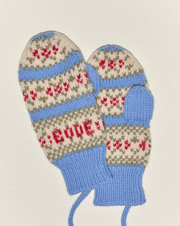 Wedgewood Mittens made from knitted virgin wool with blue, beige, and red patterns and an attached string, shown on a white background.