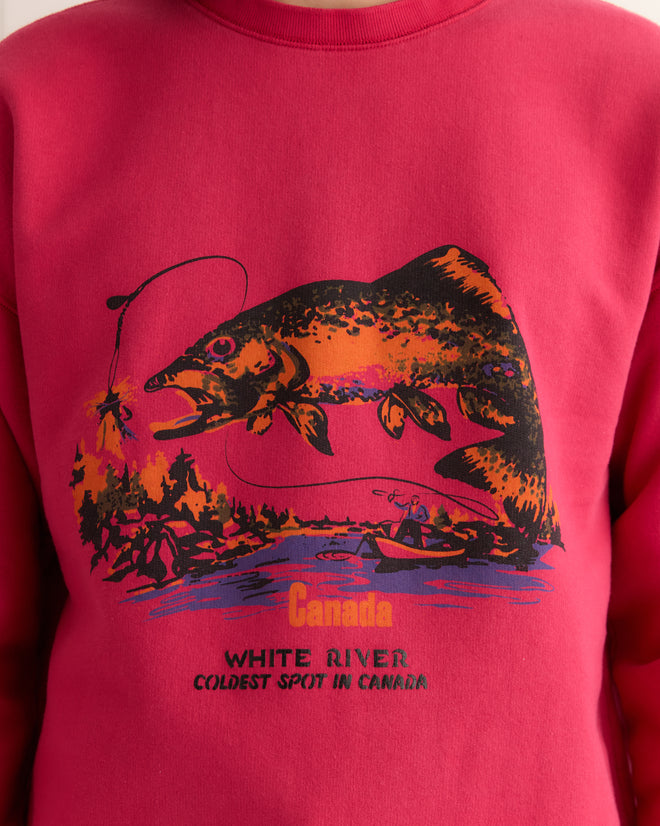The White River Crewneck - Red features a bold fish graphic with "Canada White River Coldest Spot in Canada" text, offering vibrant colors and a classic vintage crewneck design for standout style.