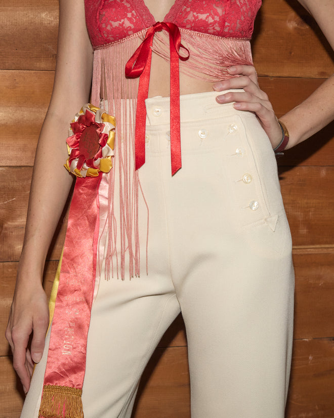 Cream Riding Twill Sailor Trousers in heavyweight wool twill with a high waist and double-breasted button detailing.