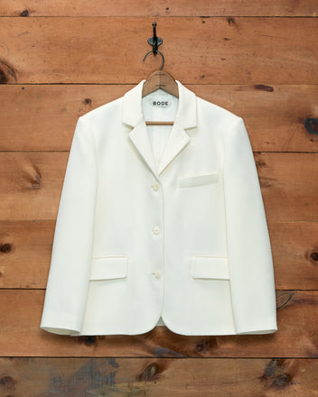Cream-colored, boxy fit Riding Twill Lillian Jacket - Cream tailored blazer with three antique pearl buttons.