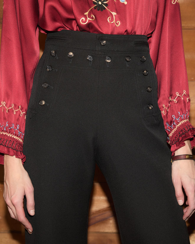 Riding Twill Sailor Trousers - Black: high-waisted 1940s-style trousers in heavyweight black wool twill with buttons.