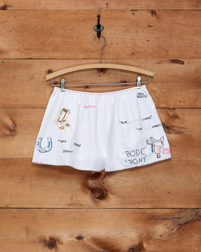 Rodeo Dictionary Tap Shorts, featuring white cotton poplin adorned with colorful Western-themed doodles, hang from a hanger and hook on a wooden wall. These playful shorts evoke the charm of hand-embroidered rodeo wear, making them a fun and spirited choice for anyone seeking unique women’s western shorts.