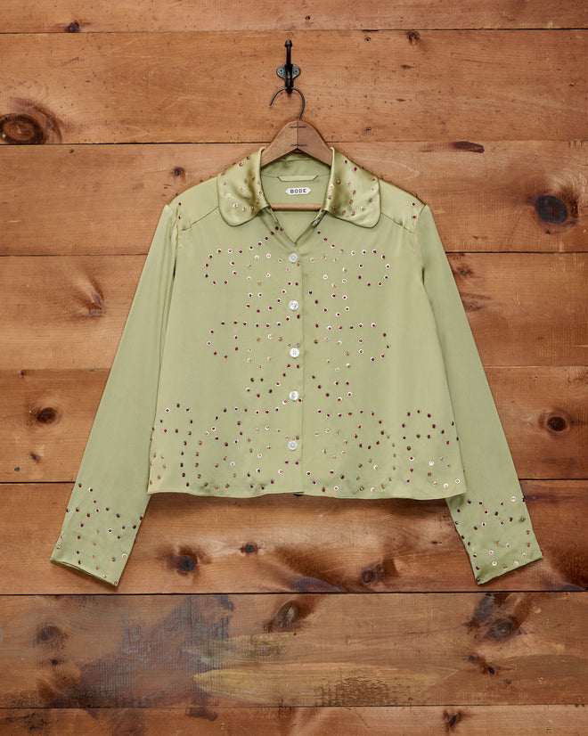 The Gem Dust Blouse, a light green silk top with long sleeves, buttons, and scattered sequin details, hangs on a wooden wall.