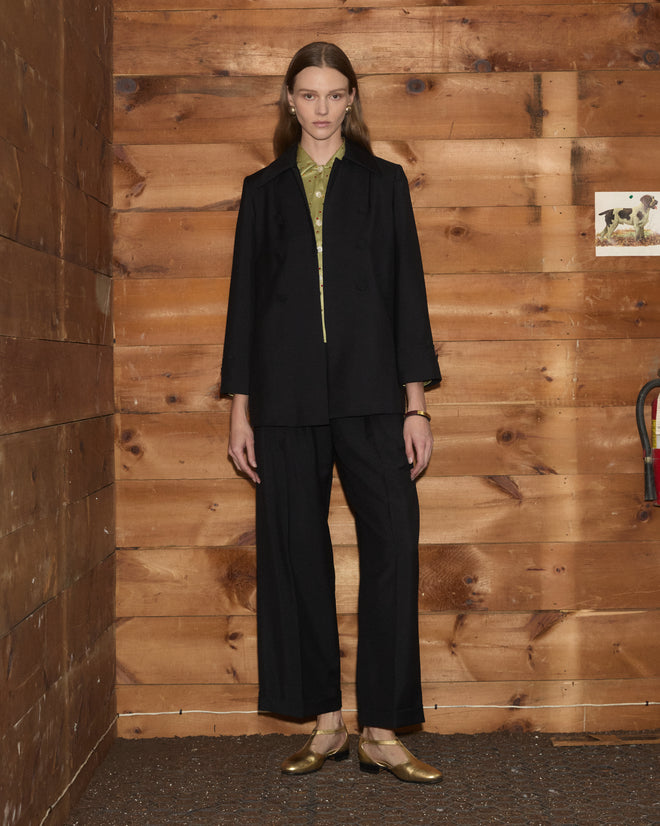A model wears a black Sonora Mohair double-breasted jacket and matching trousers over a light green shirt.