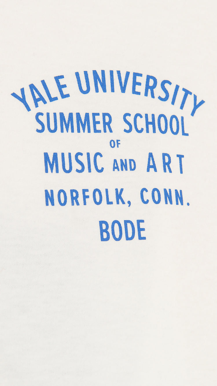 Blue text printed on white cotton, reading "Yale University Summer School of Music and Art. Norfolk, Conn. Bode"