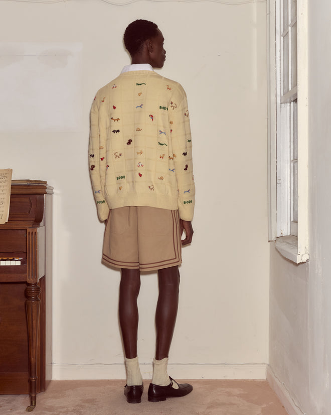 A person wearing the Zoologist Pullover with small colorful designs and tan shorts stands facing a wall near a piano and window.