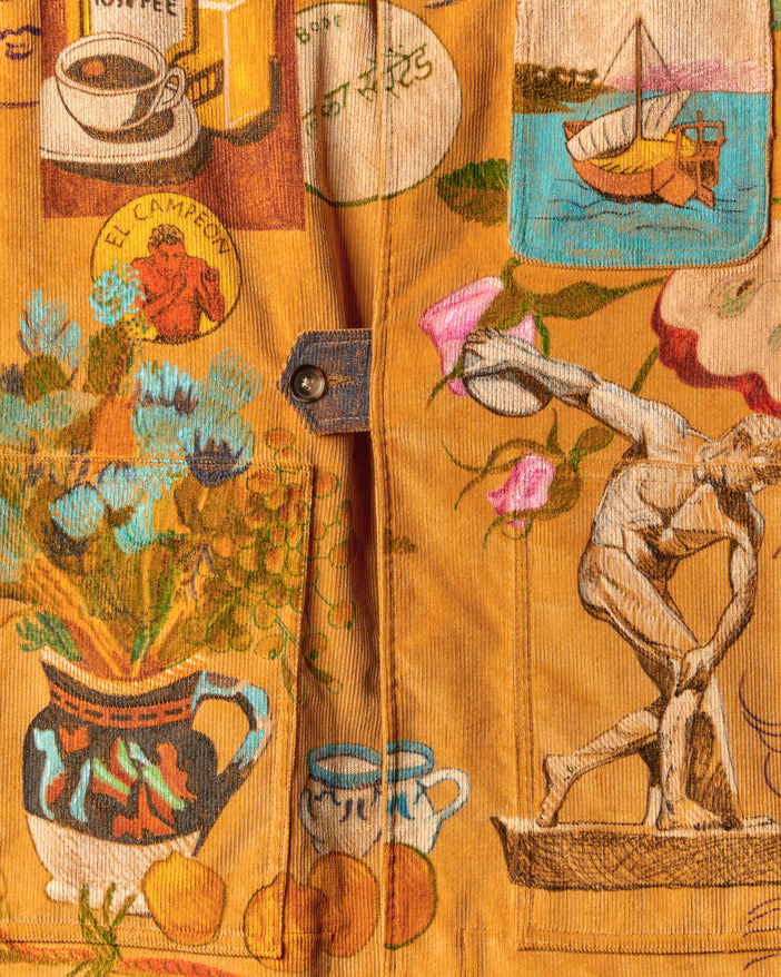 corn-colored British corduroy with hand-drawn illustrations in color