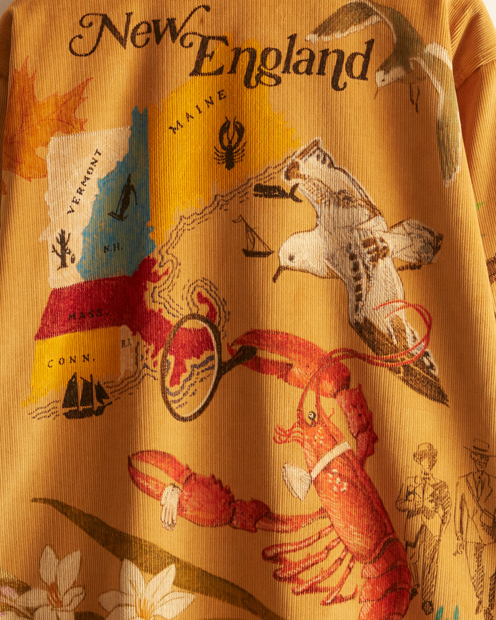 corn-colored British corduroy with hand-drawn illustrations in color with New England motifs