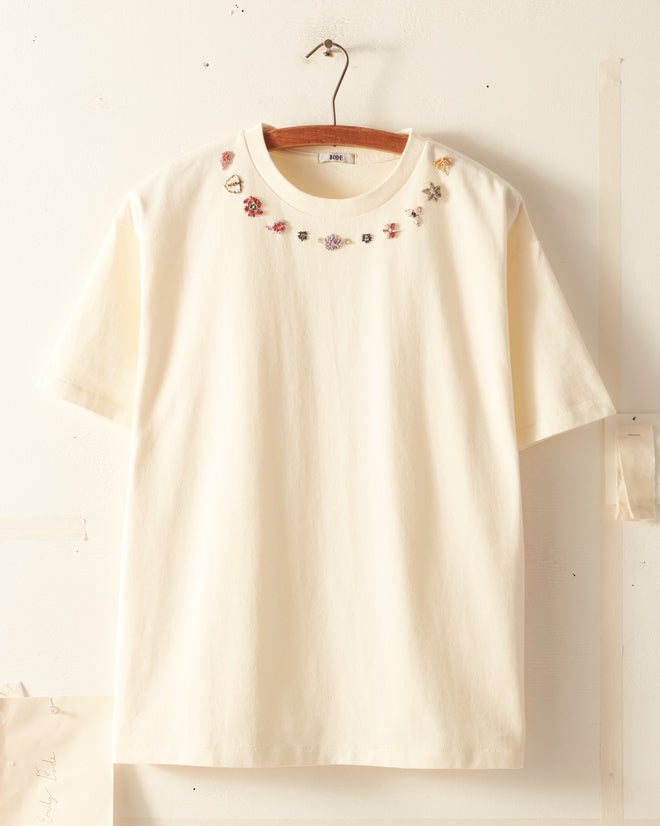 Beaded Necklace Tee - White