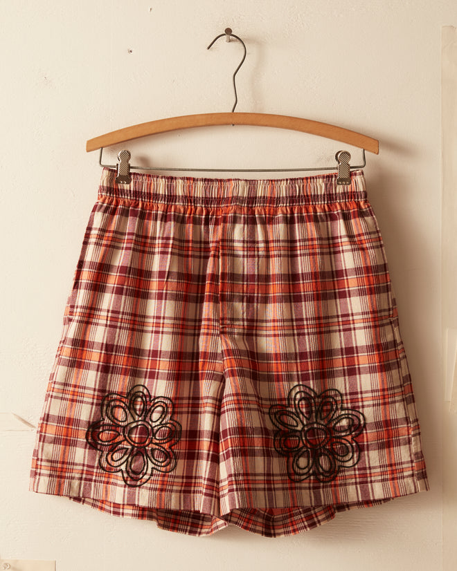 Beaded Floral Madras Shorts - Red