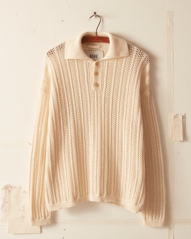 Pointelle Polo Long Sleeve - Cream KNITWEAR BODE New York